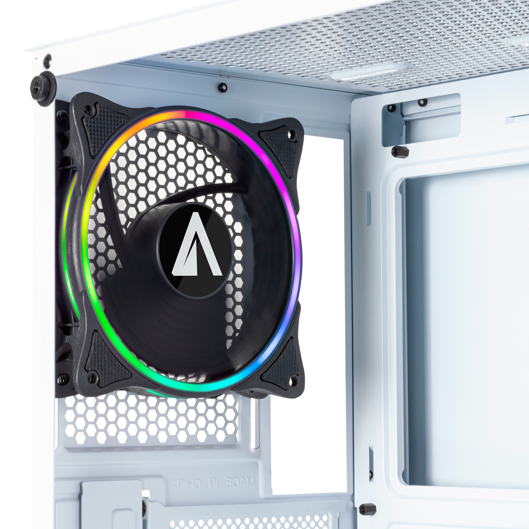 El triángulo frontal retroiluminado, conformado por múltiples rombos de colores, le da una apariencia supra-sensorial y única. La caja ATX DANUBE KOLPA White es una caja de gran formato que ofrece un interior versátil, con características de gama alta como un amplio espacio para albergar refrigeraciones líquidas, hasta 6 ventiladores y espacio para una tarjeta gráfica de 345 mm: libertad total para múltiples configuraciones y expansiones posteriores. A través del panel lateral, de vidrio templado, tendrás una vista clara de los componentes internos de tu setup.